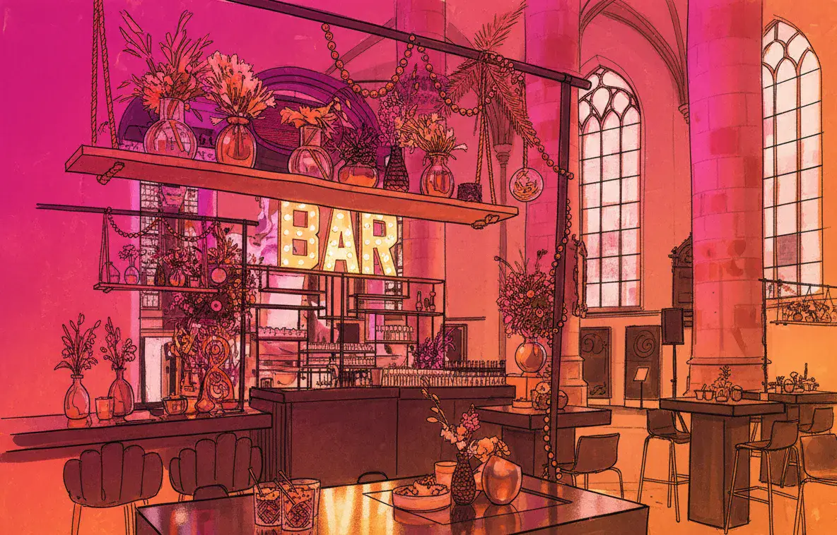 Interieur van de Grote Kerk in Den Haag met werktafels